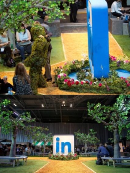 Collage of artificial trees for hire around a large LinkedIn logo sign, with flower beds, lawn paths and a venue model