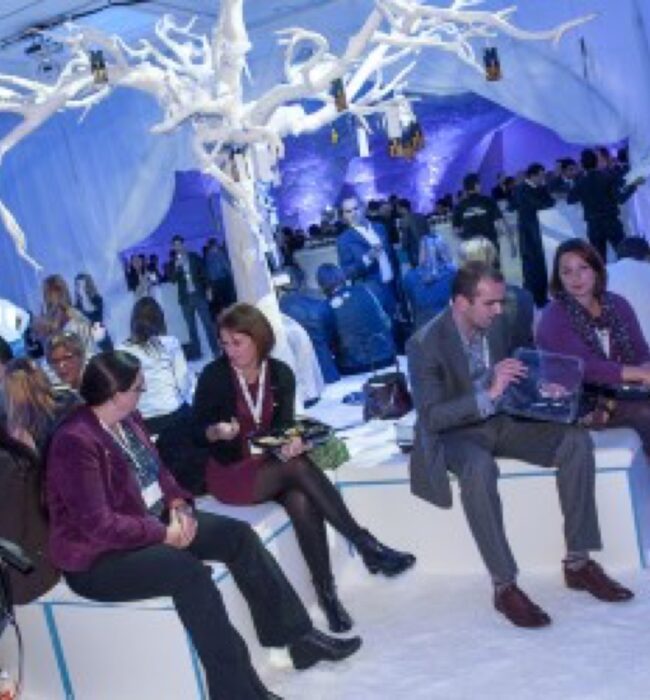 Artificial white branch tree for hire, over seating blocks where guests sit in a white tented ice-themed room