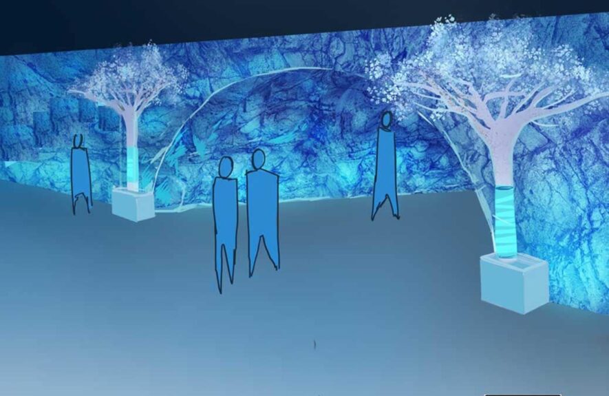 Concept illustration of white blossom trees in planters beside an arch on a blue cave wall, with figures