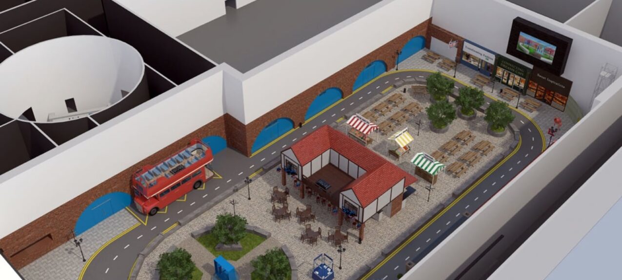3D plan of a networking town with a red double-decker bus, a half-timbered pub, market stalls and trees