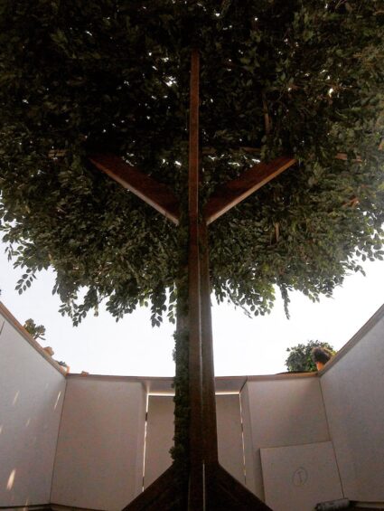 Artificial tree for hire, with a dense leafy canopy on a timber post, seen from below inside a white-walled booth