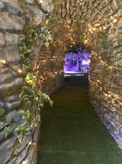 Artificial ivy and fairy lights for hire, lining a stone-effect tunnel with an artificial grass path