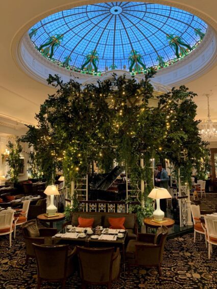 Artificial leafy foliage canopy with fairy lights for hire, over a gazebo beneath a glass dome in the Savoy Hotel lounge