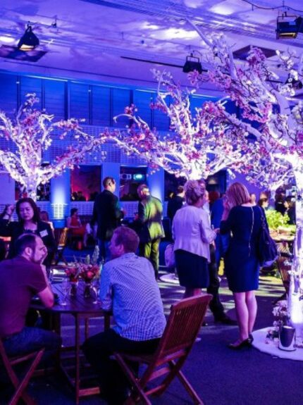 Artificial white trees with pink blossom for hire, uplit among guests at tables in a blue-lit event hall