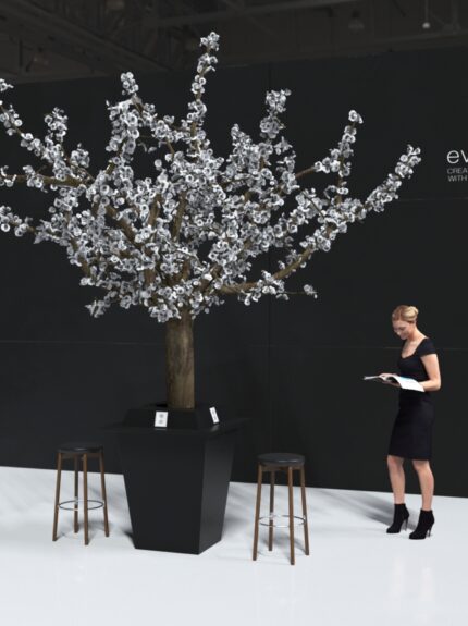 Computer render of an artificial white blossom tree in a black planter on a stand with an Event Trees logo
