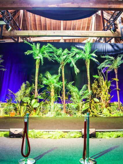 Artificial palm trees and tropical plants for hire on a stage with a purple backdrop and red rope barriers