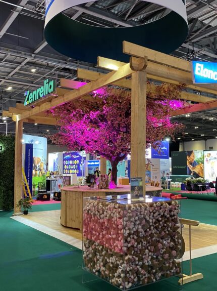 Artificial cherry blossom tree for hire, pink-lit under a timber pergola on the Zenrelia stand, London Vet Show