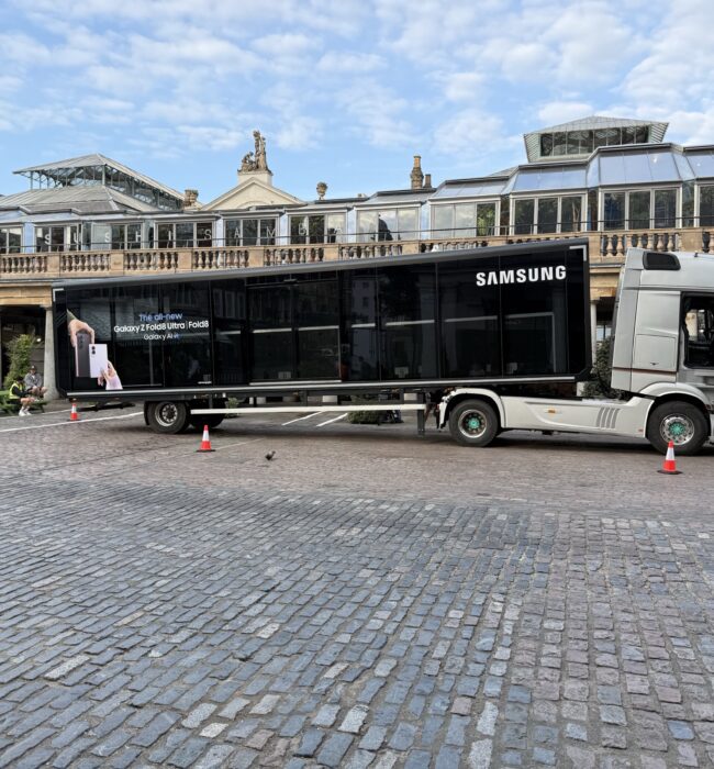 Samsung Galaxy Z Fold8 Ultra showroom truck parked on the cobbled Covent Garden piazza, London